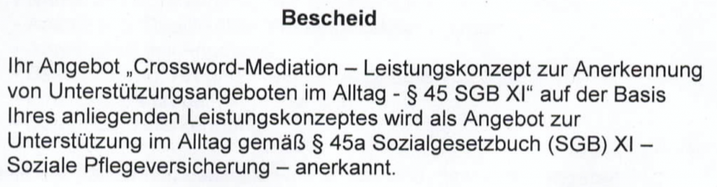 Text mit dem Hinweis zur Anerkennung des Entlastungsangebotes gem. §45 SGB XI